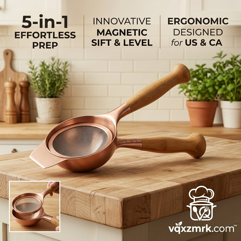 vqxzmrk.com™ 5-in-1 Magnetic Flour Sifter and Measuring Cup Set – Premium Copper Fine Mesh Strainer with Ergonomic Wooden Handle & Built-in Leveler, Professional Baking & Food Prep Tool