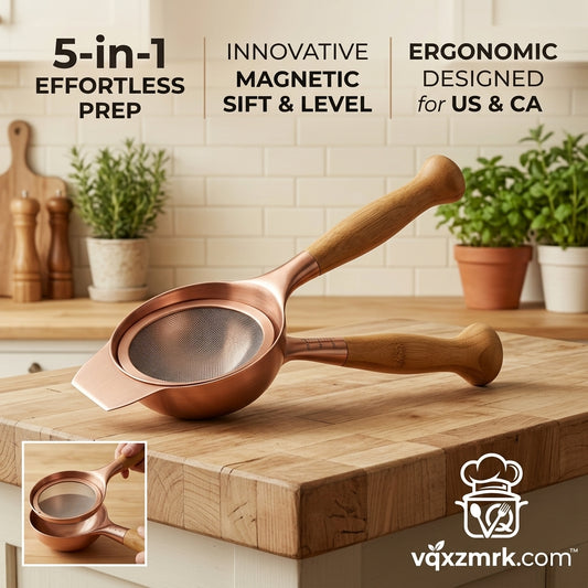vqxzmrk.com™ 5-in-1 Magnetic Flour Sifter and Measuring Cup Set – Premium Copper Fine Mesh Strainer with Ergonomic Wooden Handle & Built-in Leveler, Professional Baking & Food Prep Tool