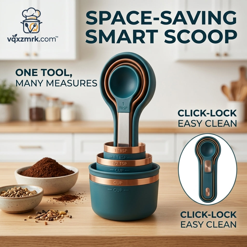 vqxzmrk.com™ Space-Saving Smart Scoop and Nesting Measuring Cups and Spoons Set | 2-in-1 Click-Lock Stacking Cooking & Baking Measure Tools | Premium Teal & Copper Decorative Kitchen Accessories for Dry & Liquid Ingredients