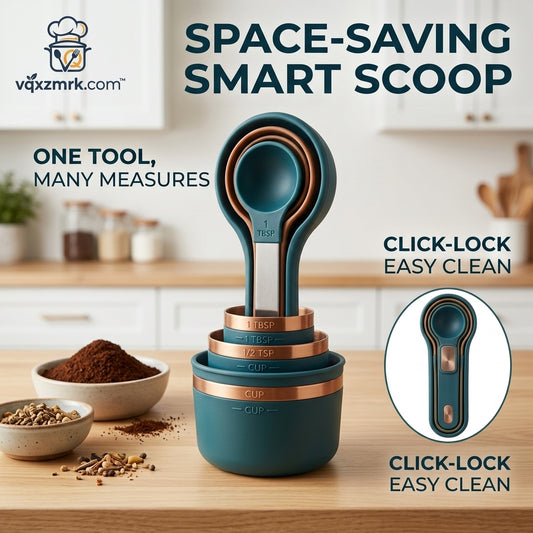 vqxzmrk.com™ Space-Saving Smart Scoop and Nesting Measuring Cups and Spoons Set | 2-in-1 Click-Lock Stacking Cooking & Baking Measure Tools | Premium Teal & Copper Decorative Kitchen Accessories for Dry & Liquid Ingredients