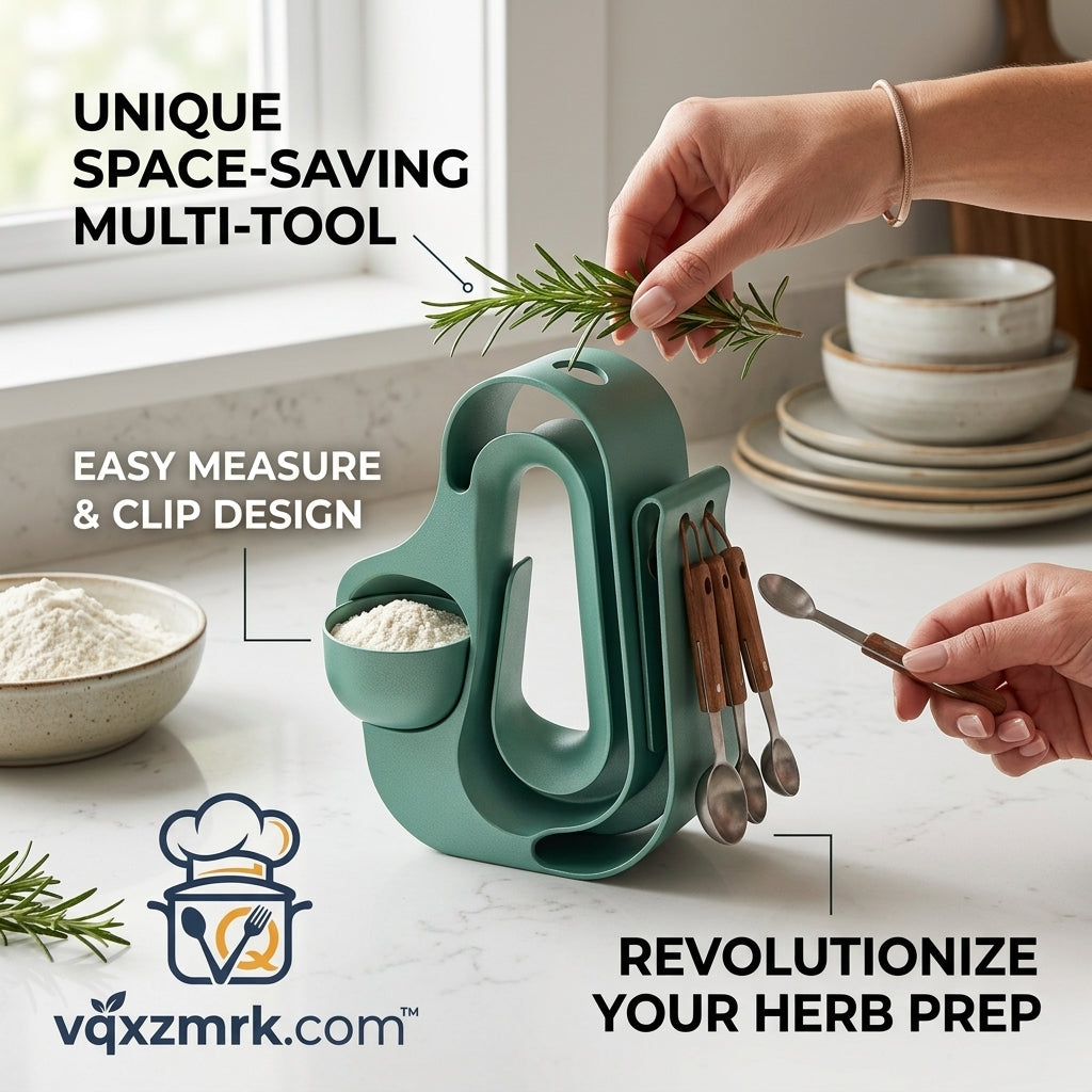 vqxzmrk.com™ 3-in-1 Space-Saving Kitchen Multi-Tool | Integrated Herb Stripper, Easy-Measure Cup, and Clip-On Measuring Spoon Set | Modern Aesthetic Herb Prep & Baking Organizer
