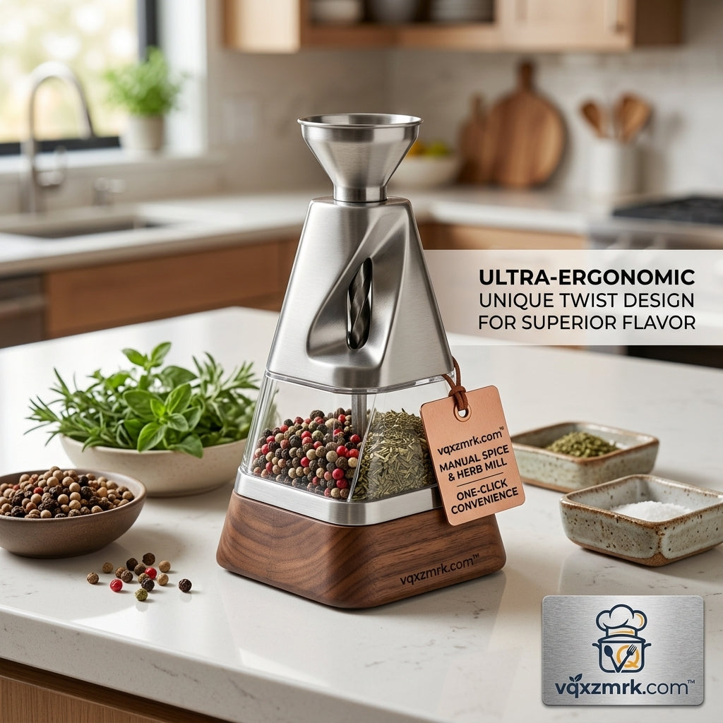 vqxzmrk.com™ Ultra-Ergonomic Manual Spice & Herb Mill – Premium Stainless Steel Peppercorn Grinder with Wooden Base, Modern Twist Design, Dual-Chamber Seasoning Tool for Kitchen
