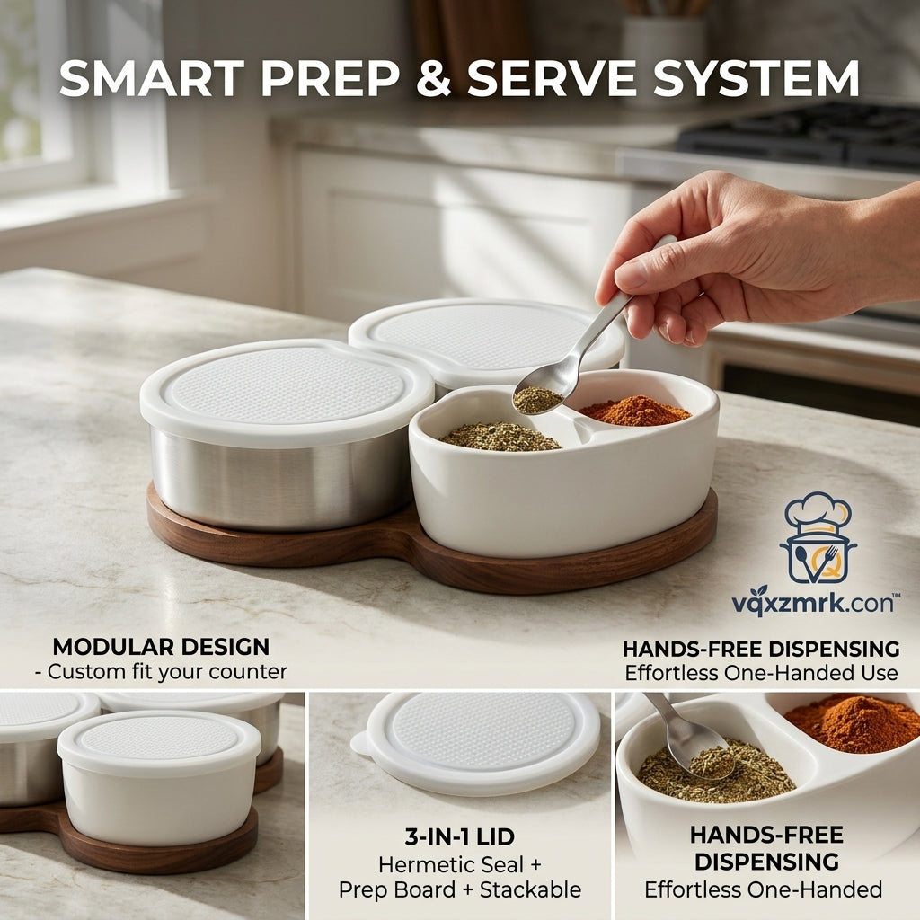 vqxzmrk.com™ Smart Prep & Serve System – Modular Kitchen Spice Organizer with 3-in-1 Airtight Lids, Divided Ceramic & Stainless Steel Condiment Pots on a Premium Wooden Base Tray for Easy, One-Handed Countertop Dispensing