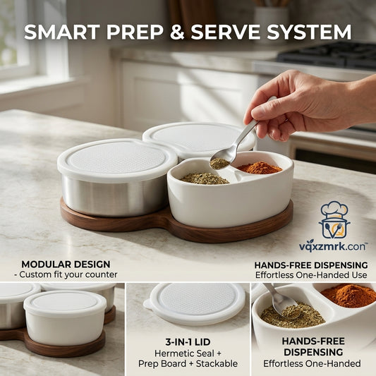 vqxzmrk.com™ Smart Prep & Serve System – Modular Kitchen Spice Organizer with 3-in-1 Airtight Lids, Divided Ceramic & Stainless Steel Condiment Pots on a Premium Wooden Base Tray for Easy, One-Handed Countertop Dispensing