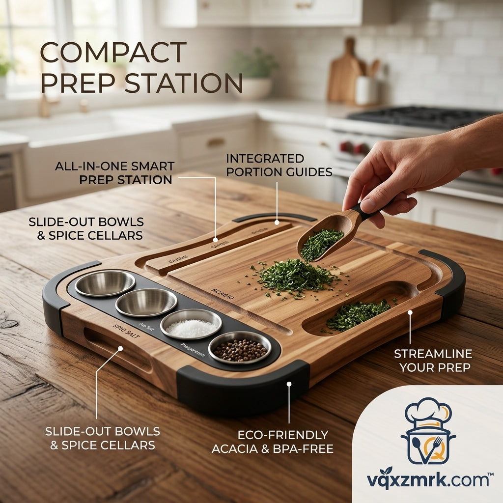 vqxzmrk.com™ All-in-One Acacia Wood Cutting Board with Slide-Out Prep Bowls and Spice Cellars - Smart Kitchen Prep Station with Integrated Portion Guides, Juice Groove, and Non-Slip Grips for Meal Prep